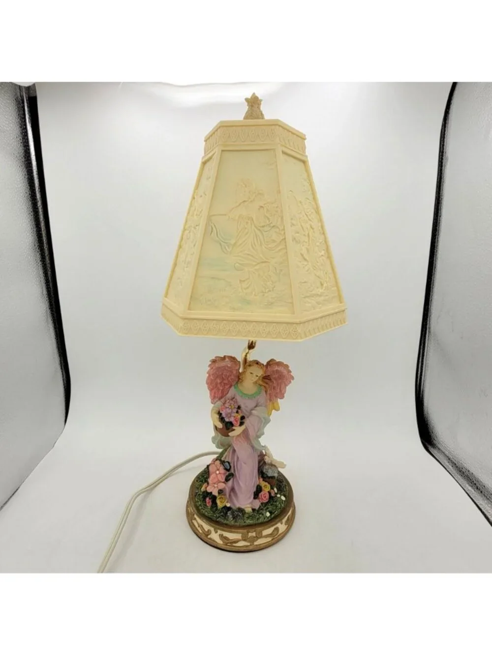 Vintage Indian Lamp Angel Flowers and Dove Lithophone Resin Plastic